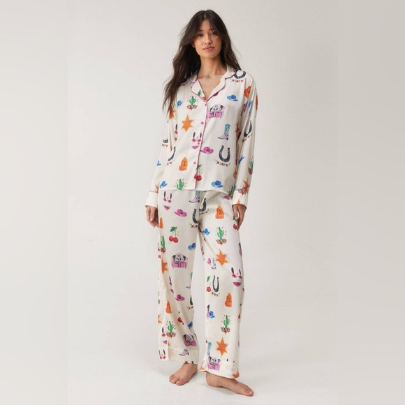 NWT NastyGal Satin Cowboy Western Pajama Pants Set - Picture 2 of 9
